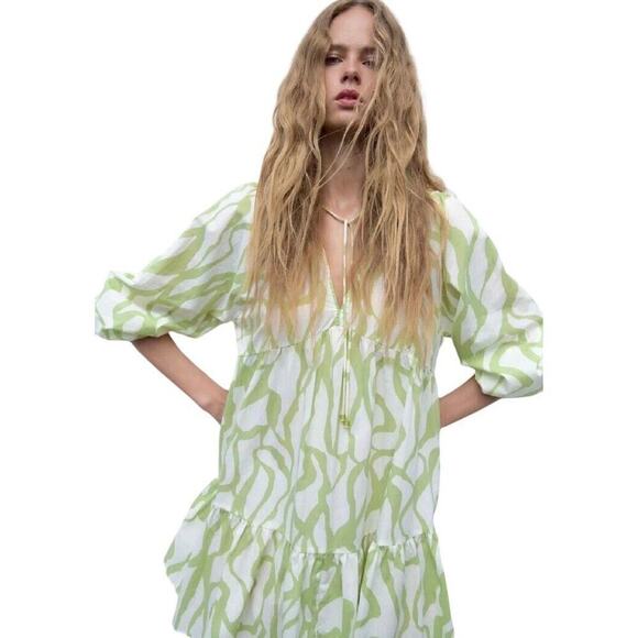 Zara Printed Babydoll Dress S Green Balloon Sleeves Tiered Mini V Neck Tie Fall - Picture 3 of 15